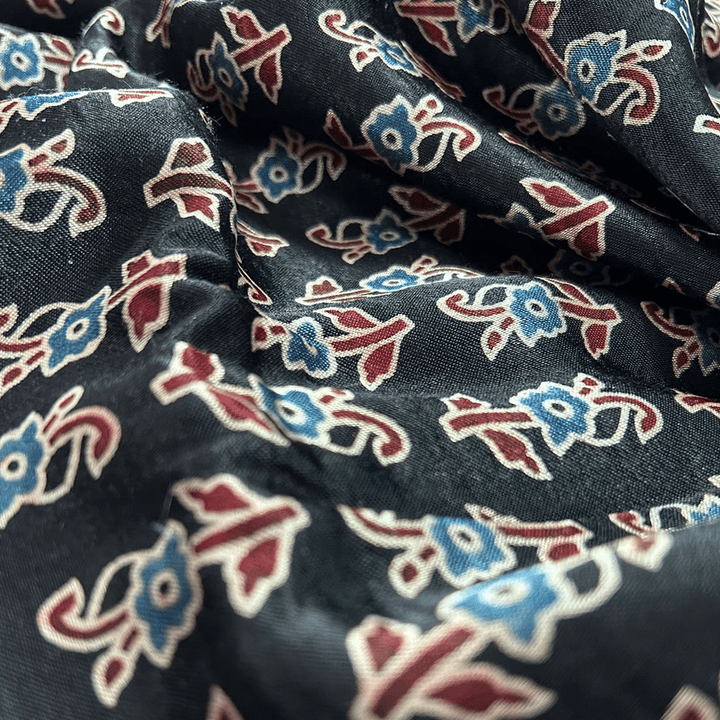 Black With Maroon Floral Printed Ajrakh Mashru Silk Fabric