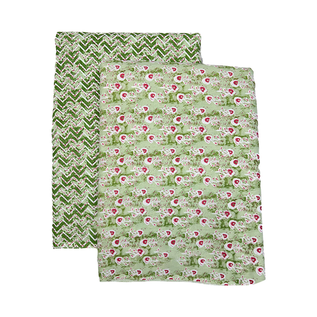 Light Green Shades Florals, Chevron Printed Cotton Fabric (1 Quantity = 0.5 Mtr Top + 0.5 Mtr Bottom)