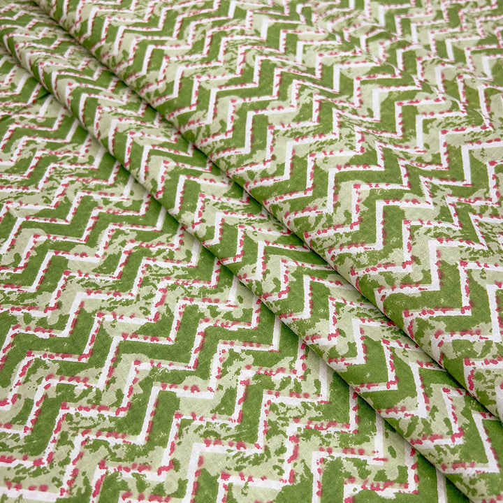 Light Green Shades Florals, Chevron Printed Cotton Fabric (1 Quantity = 0.5 Mtr Top + 0.5 Mtr Bottom)