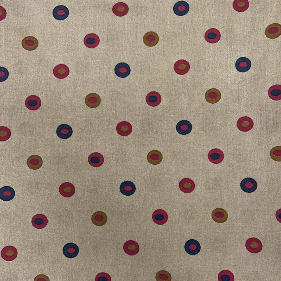 Cream muslin fabric featuring multi-shaded dots in red and blue