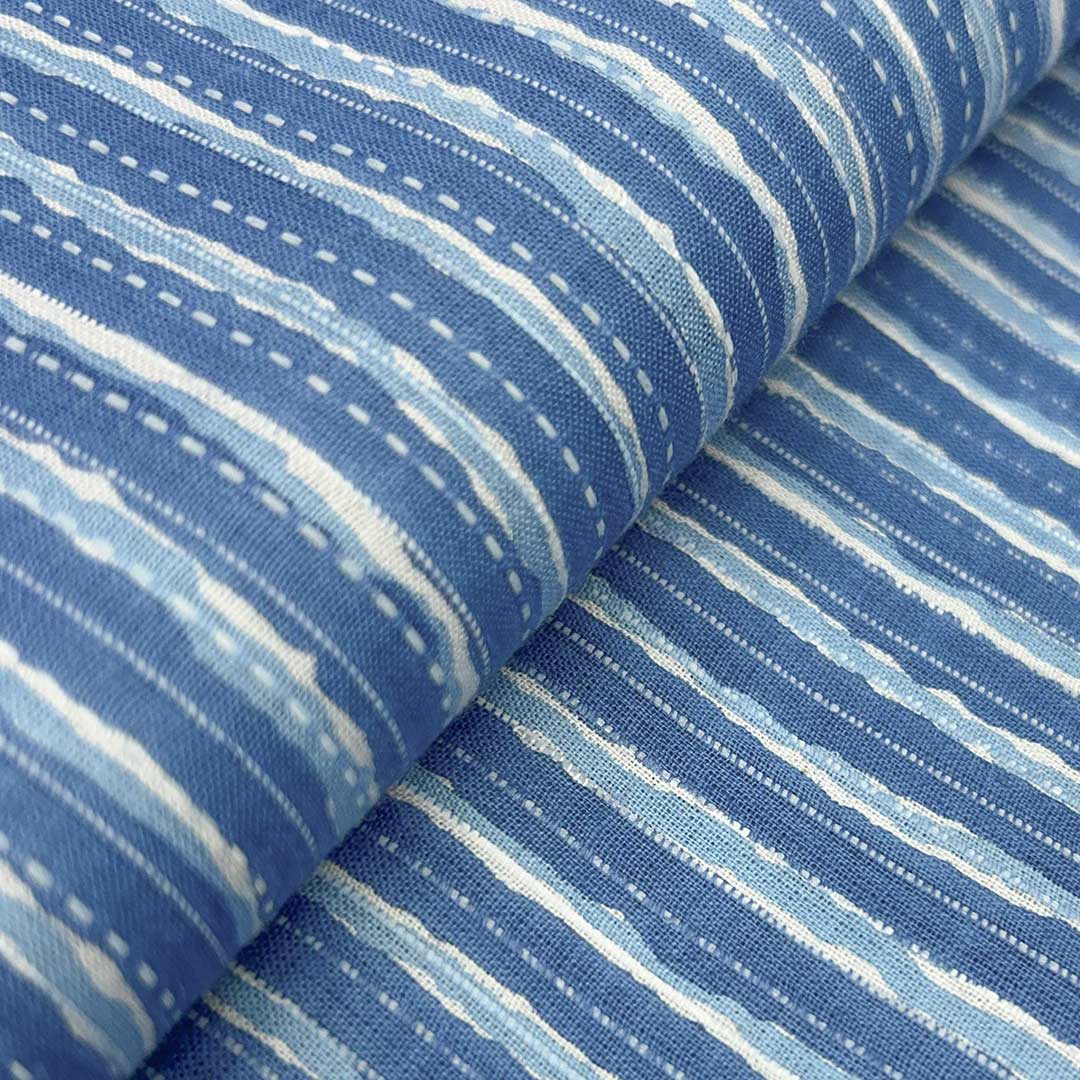 Blue With White Shade Stripe Cotton Kantha Fabric