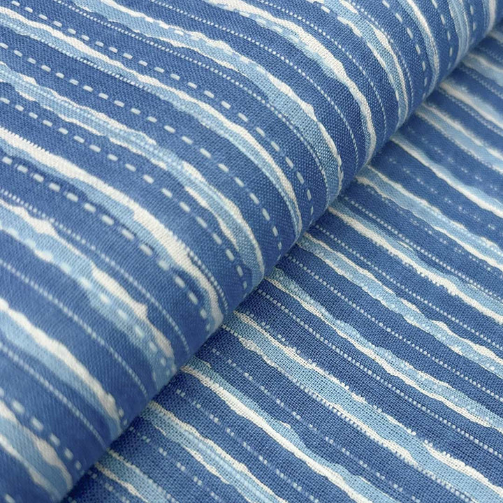 Blue With White Shade Stripe Cotton Kantha Fabric