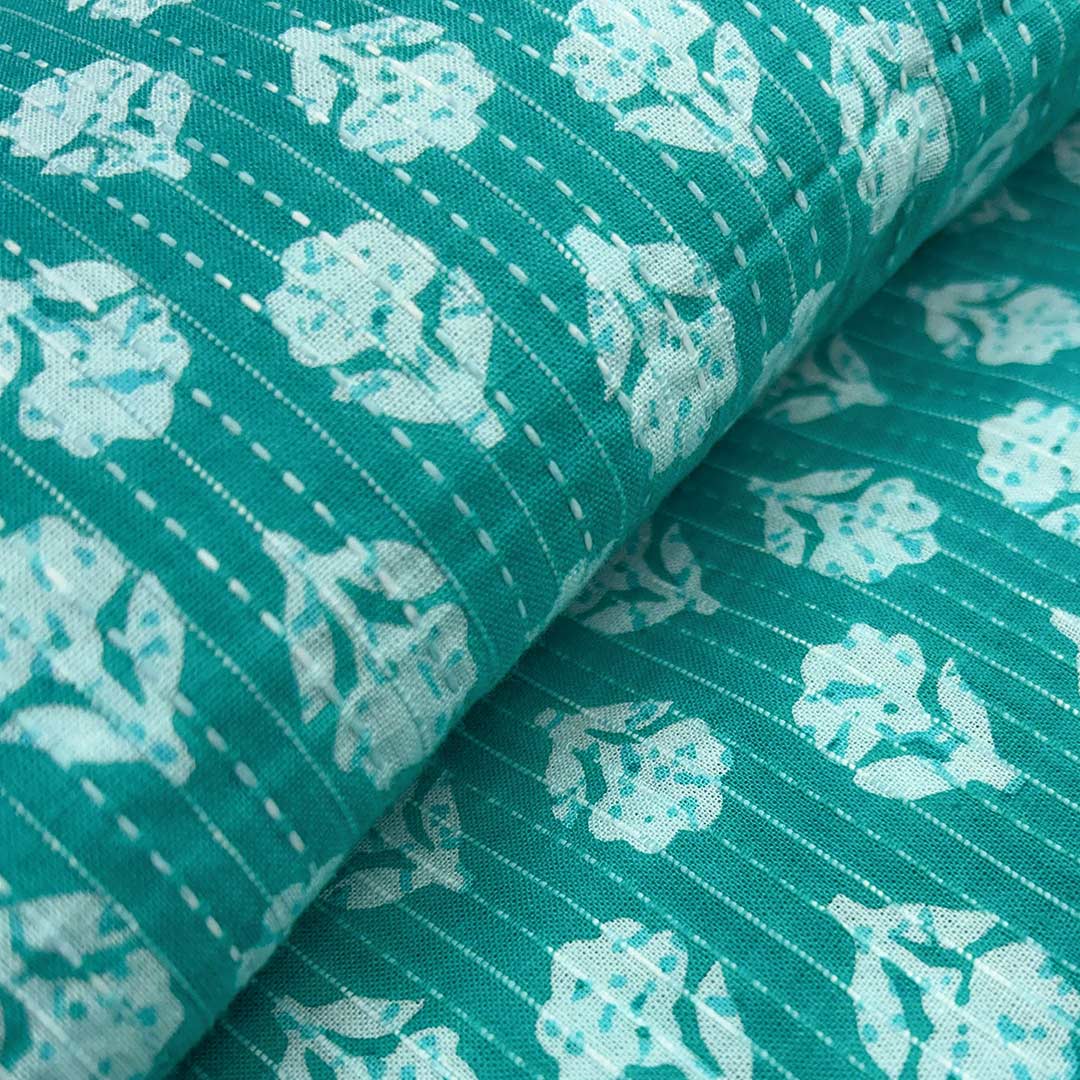 Sea Green Shade Floral Cotton Kantha Fabric