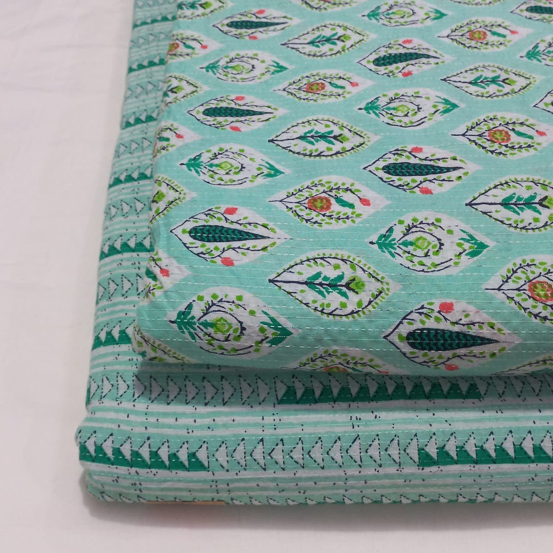 Handcrafted green shade cotton Kantha fabric with traditional floral print