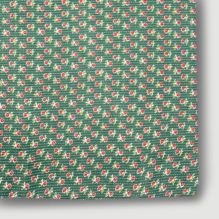 Green With Red Shade Floral Cotton Kantha Fabric