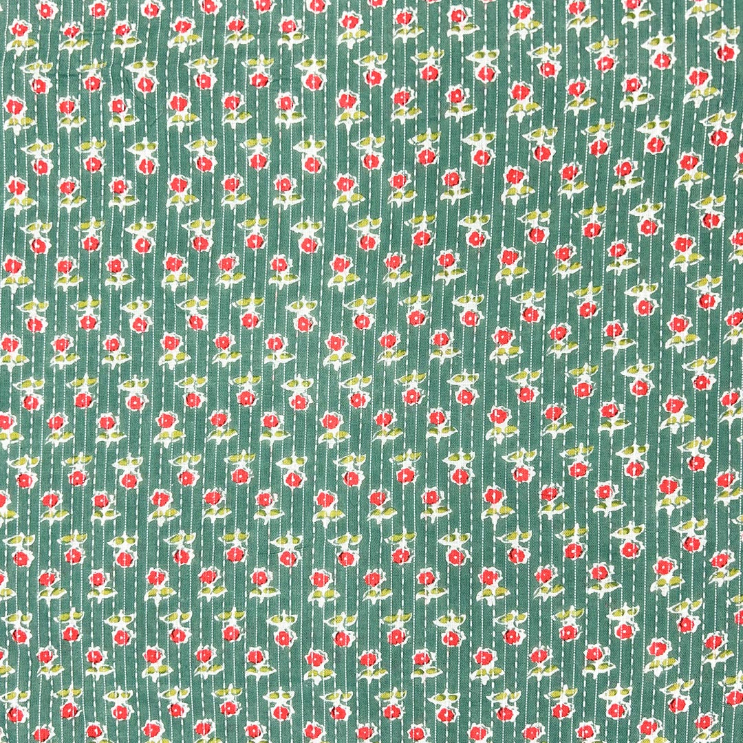 Green With Red Shade Floral Cotton Kantha Fabric