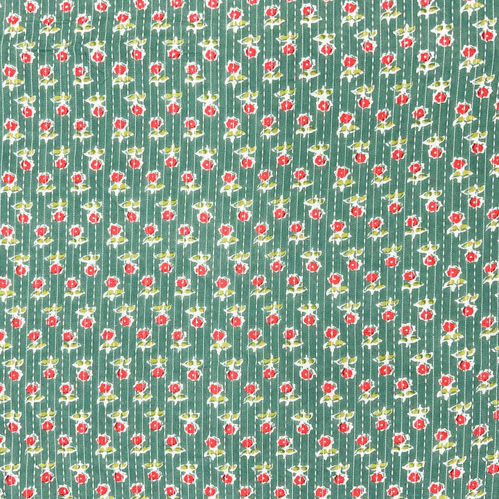 Green With Red Shade Floral Cotton Kantha Fabric