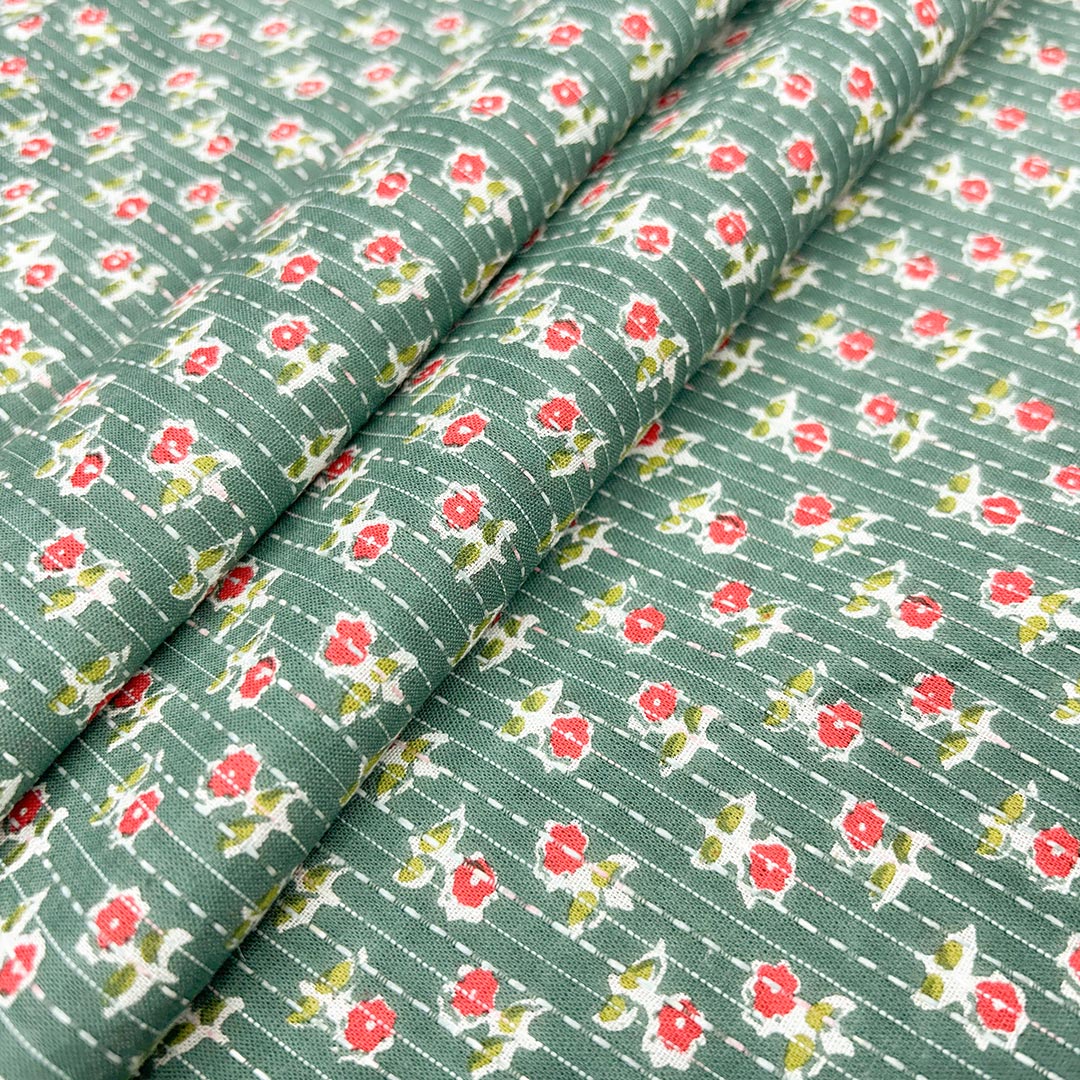 Green With Red Shade Floral Cotton Kantha Fabric