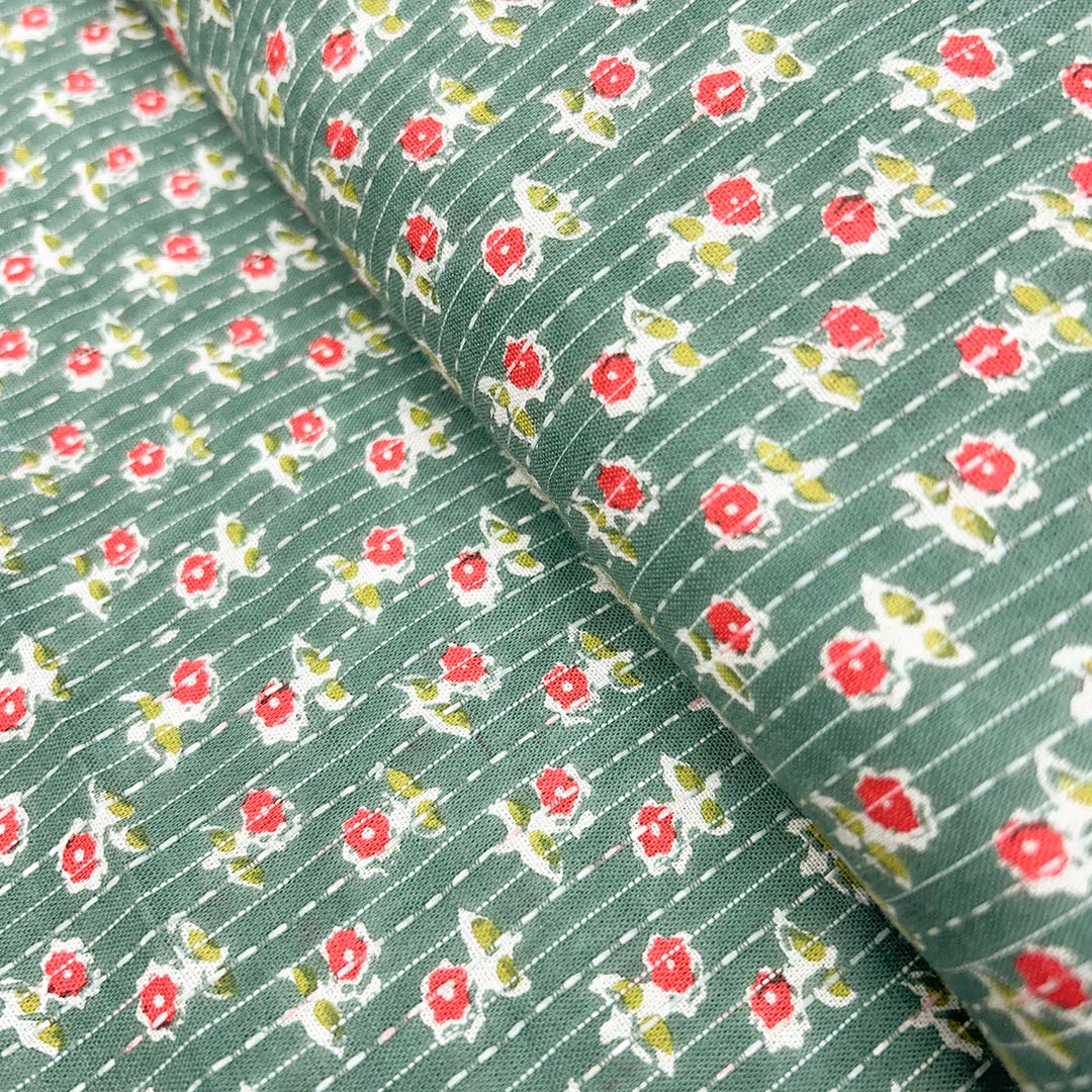 Green With Red Shade Floral Cotton Kantha Fabric