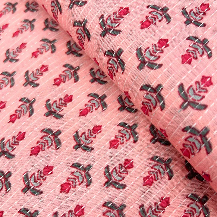 Peach Shade Floral Cotton Kantha Fabric