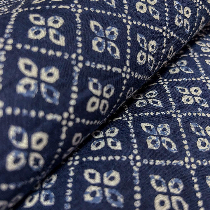 Blue With White Floral Printed Cotton Fabric