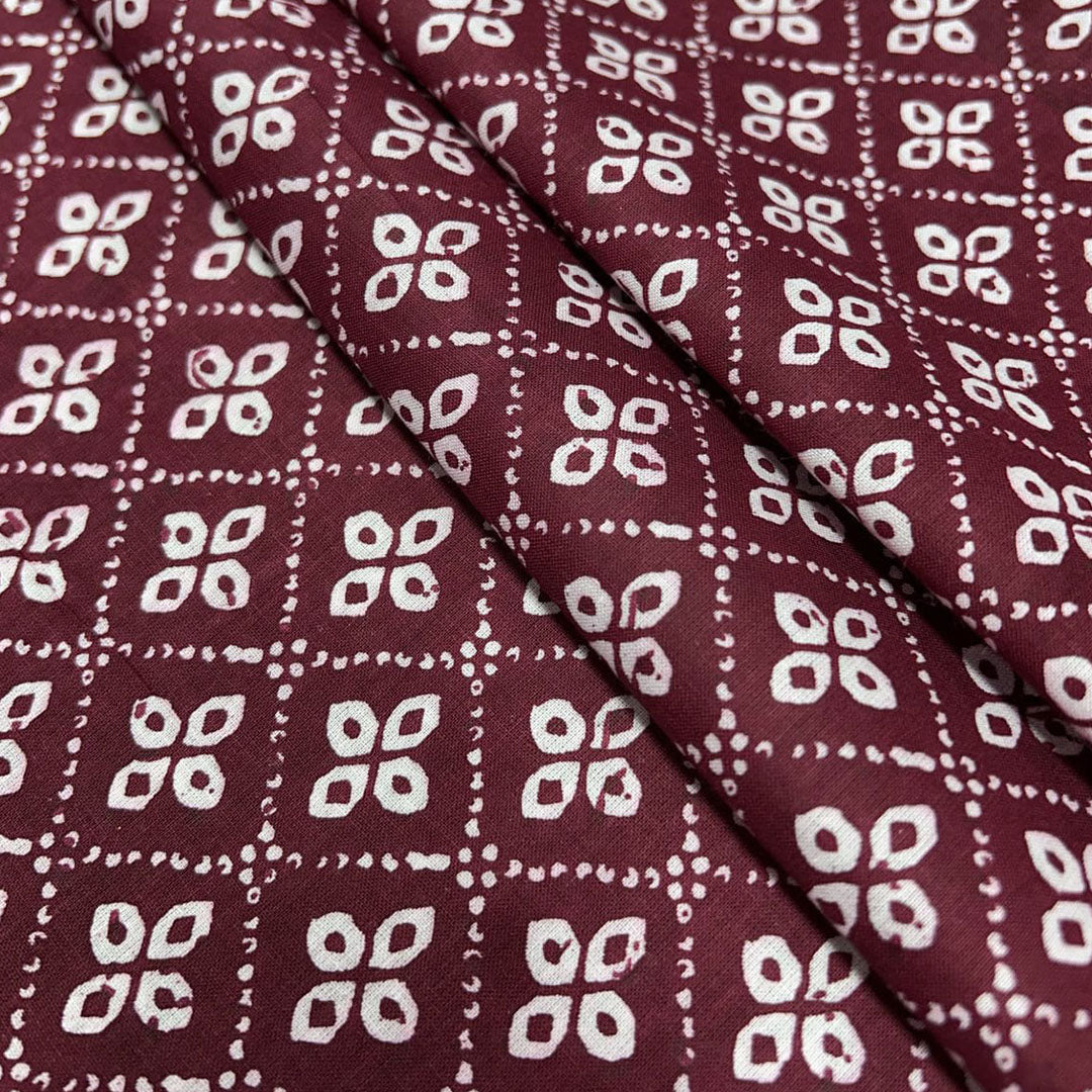 Maroon With White Floral Printed Cotton Fabric