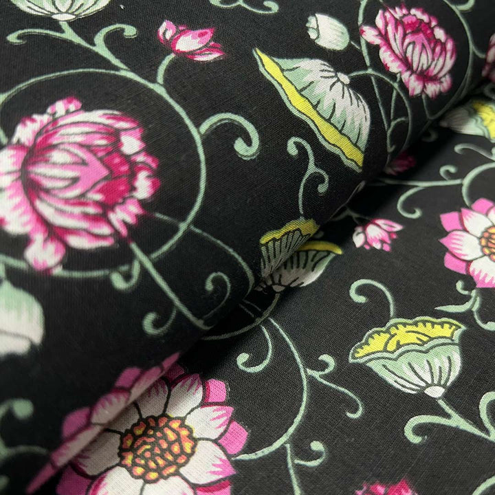 Black With Multi Shades Floral Printed Cotton Fabric