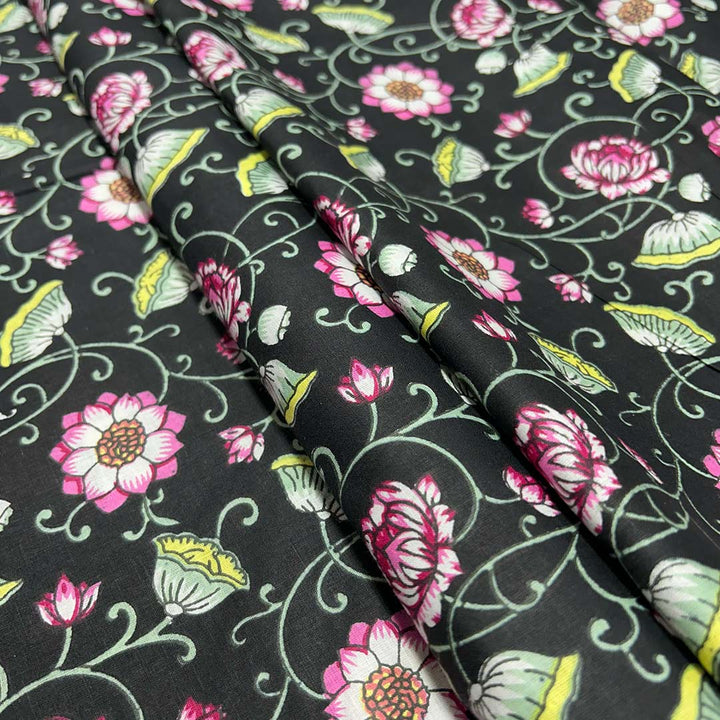 Black With Multi Shades Floral Printed Cotton Fabric