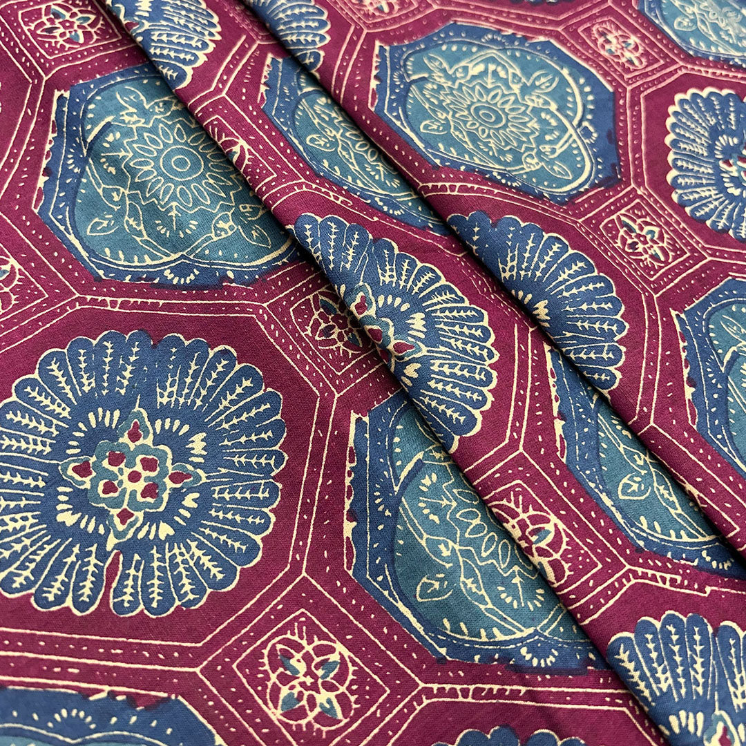 Purple With Blue Floral Printed Cotton Fabric