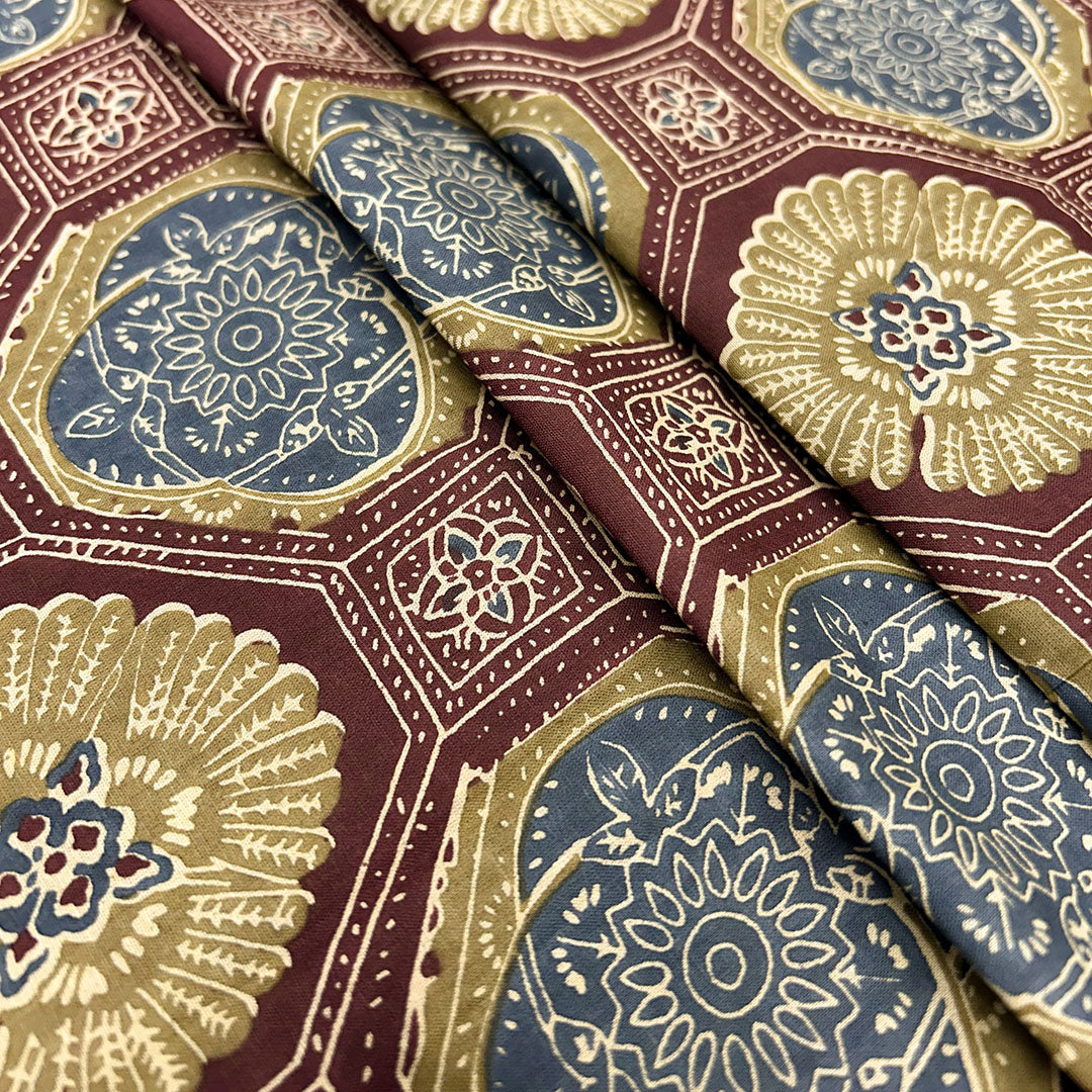 Brown With Multi Shades Floral Printed Cotton Fabric