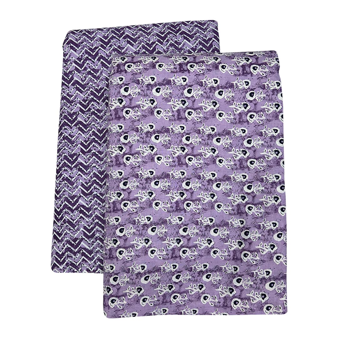 Purple Shades Florals, Chevron Printed Cotton Fabric (1 Quantity = 0.5 Mtr Top + 0.5 Mtr Bottom)