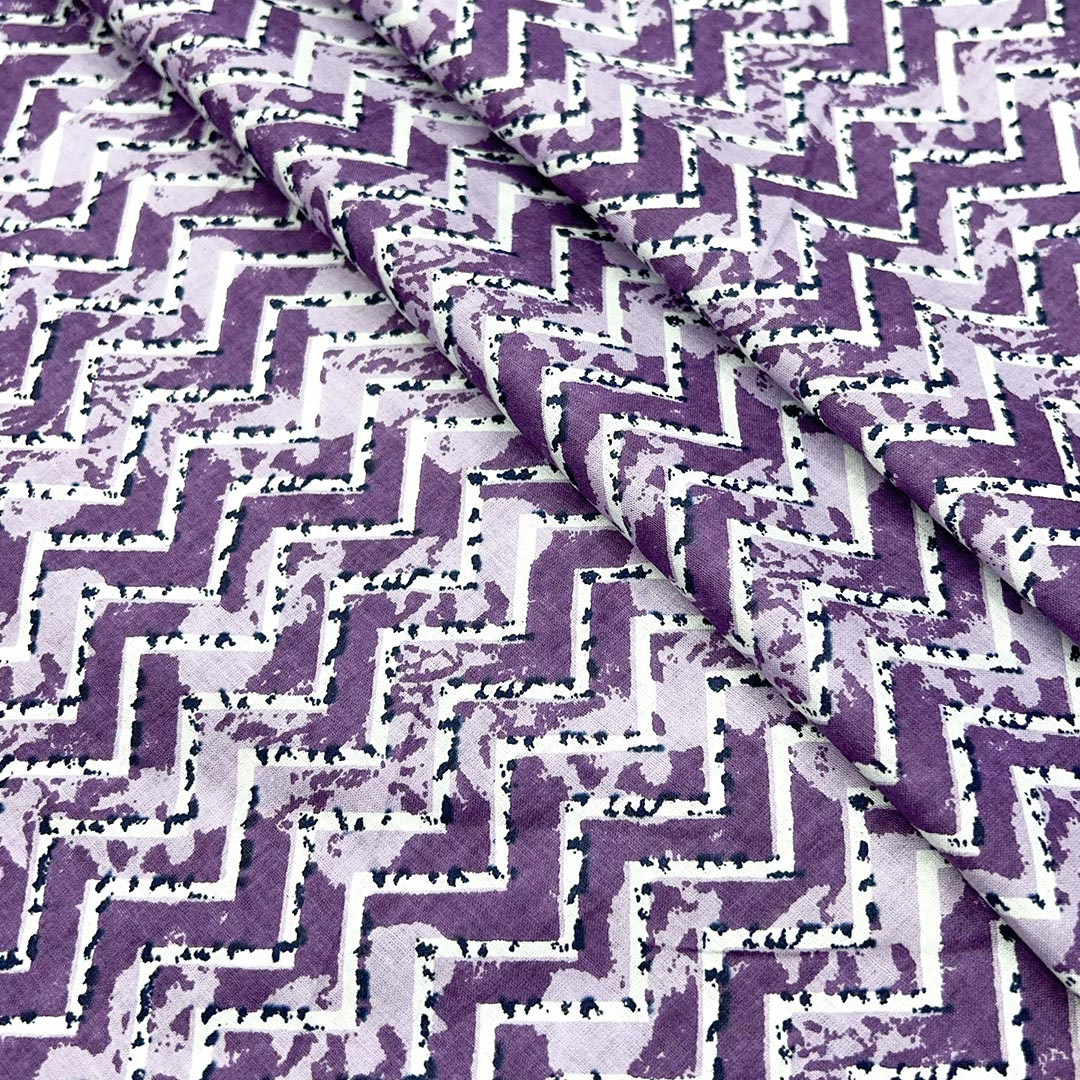 Purple Shades Florals, Chevron Printed Cotton Fabric (1 Quantity = 0.5 Mtr Top + 0.5 Mtr Bottom)