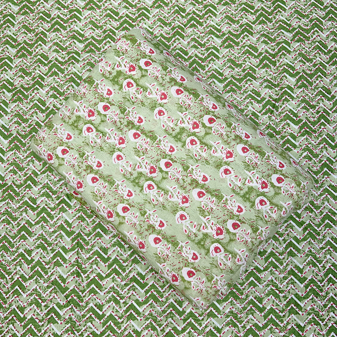 Light Green Shades Florals, Chevron Printed Cotton Fabric (1 Quantity = 0.5 Mtr Top + 0.5 Mtr Bottom)