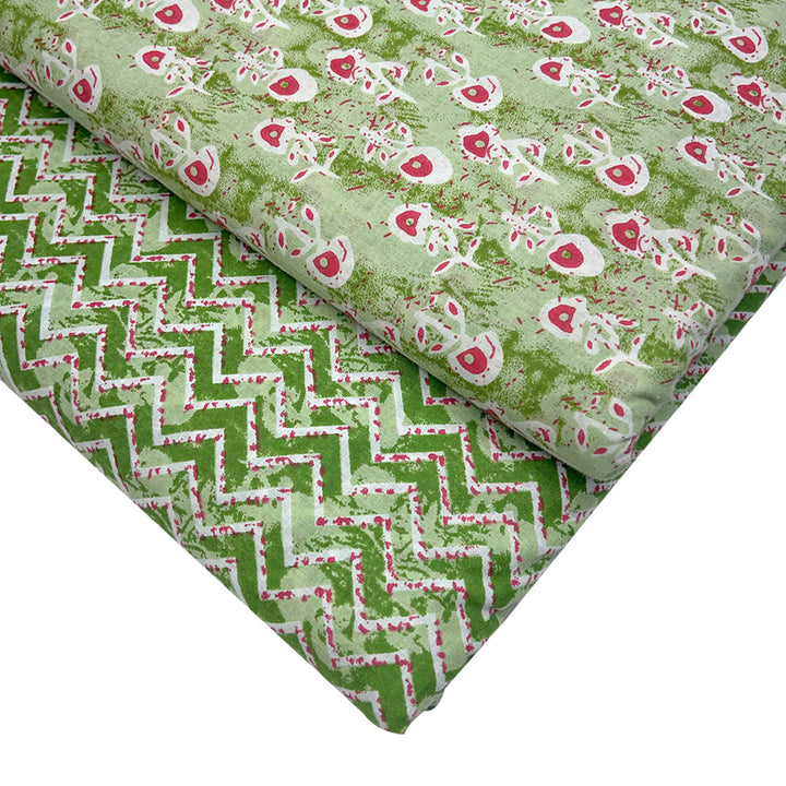 Light Green Shades Florals, Chevron Printed Cotton Fabric (1 Quantity = 0.5 Mtr Top + 0.5 Mtr Bottom)