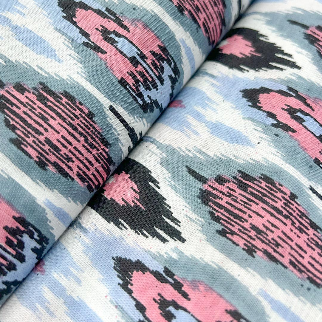 Blue With Pink Shades Abstract Printed Cotton Fabric