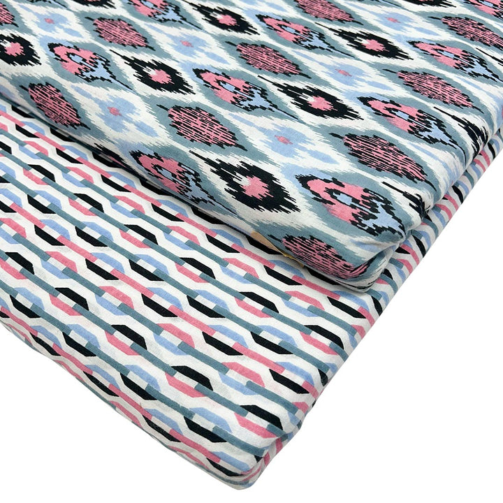 Blue With Pink Shades Abstracts  Printed Cotton Fabric (1 Quantity = 0.5 Mtr Top + 0.5 Mtr Bottom)