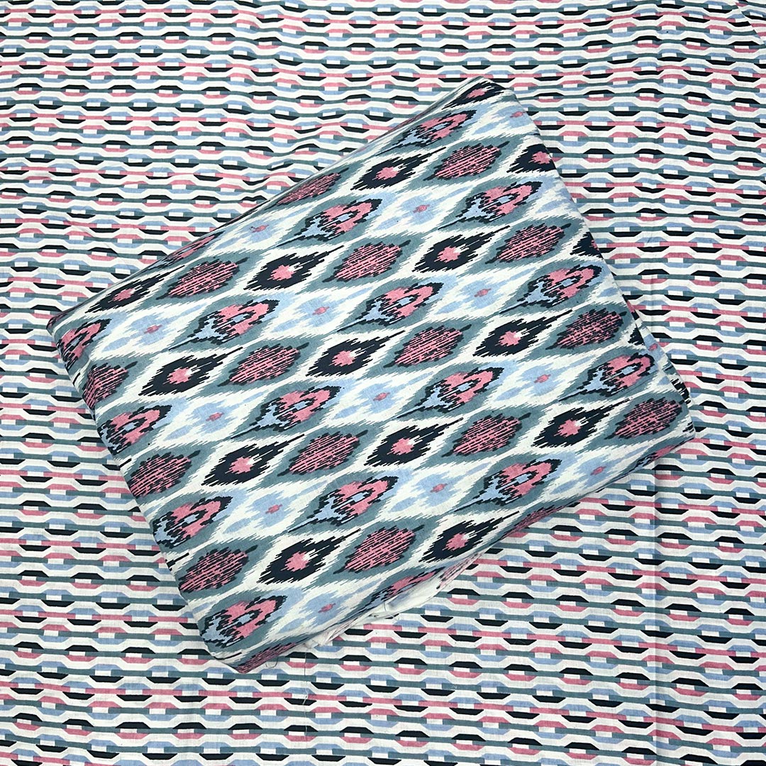 Blue With Pink Shades Abstracts  Printed Cotton Fabric (1 Quantity = 0.5 Mtr Top + 0.5 Mtr Bottom)