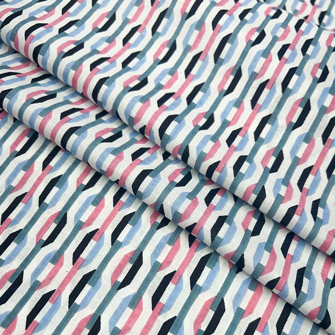 Blue With Pink Shades Abstracts  Printed Cotton Fabric (1 Quantity = 0.5 Mtr Top + 0.5 Mtr Bottom)