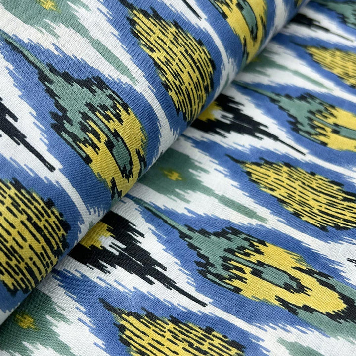 Blue With Yellow Shades Abstract Printed Cotton Fabric