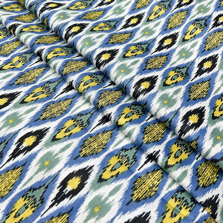 Blue With Yellow Abstracts Printed Cotton Fabric (1 Quantity = 0.5 Mtr Top + 0.5 Mtr Bottom)