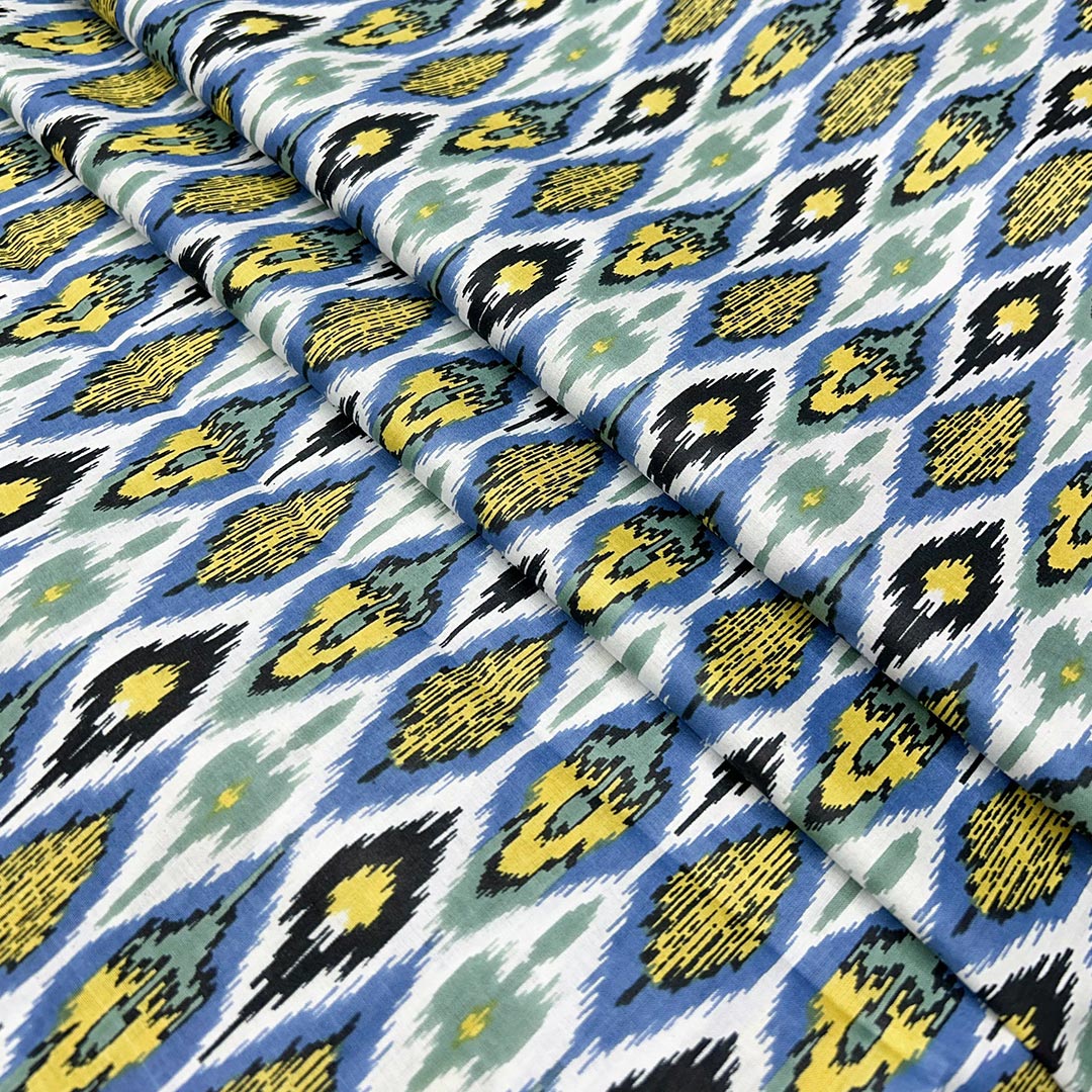 Blue With Yellow Shades Abstract Printed Cotton Fabric