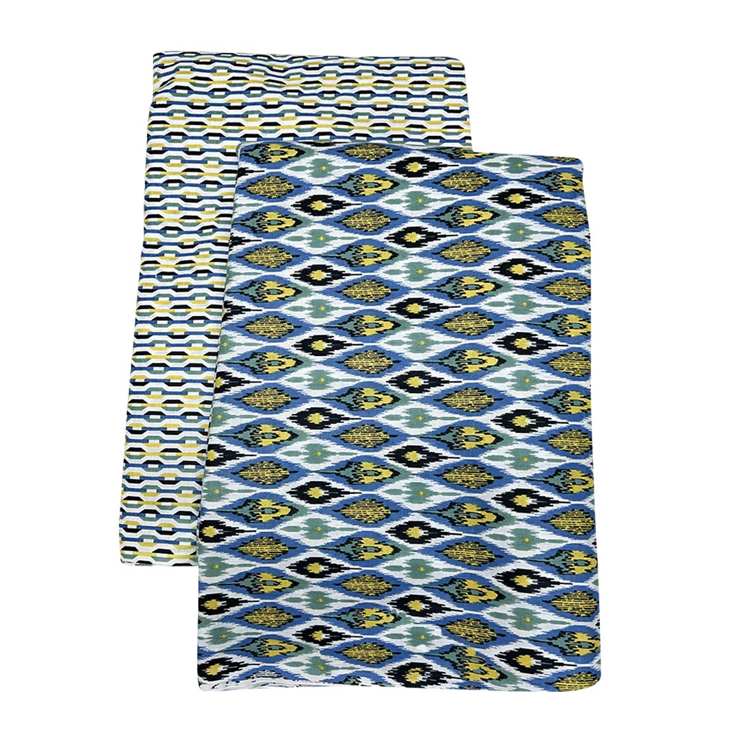 Blue With Yellow Abstracts Printed Cotton Fabric (1 Quantity = 0.5 Mtr Top + 0.5 Mtr Bottom)