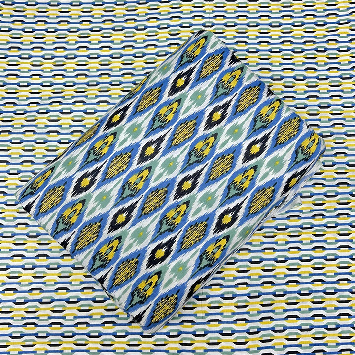 Blue With Yellow Abstracts Printed Cotton Fabric (1 Quantity = 0.5 Mtr Top + 0.5 Mtr Bottom)