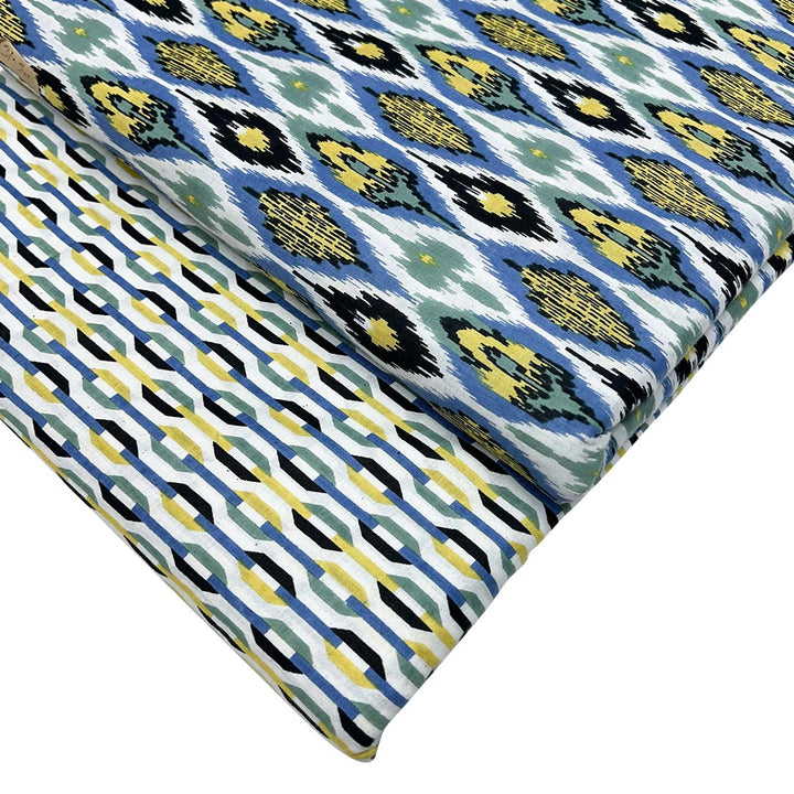 Blue With Yellow Abstracts Printed Cotton Fabric (1 Quantity = 0.5 Mtr Top + 0.5 Mtr Bottom)