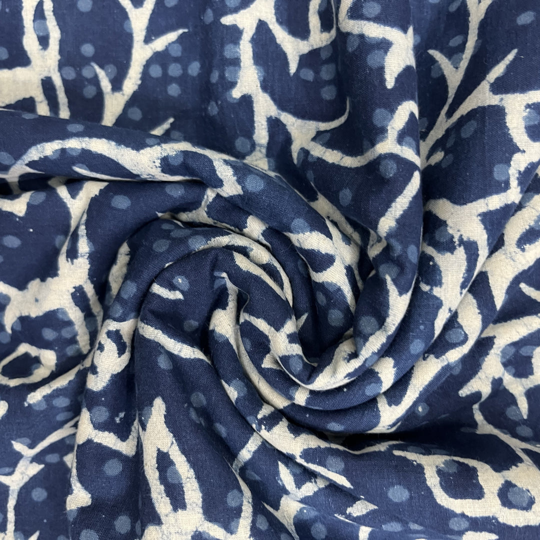 Handblock blue with white floral design on Dabu cotton fabric