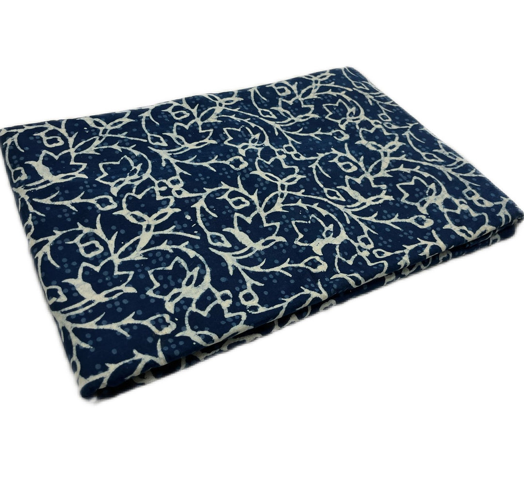 Handblock blue with white floral design on Dabu cotton fabric