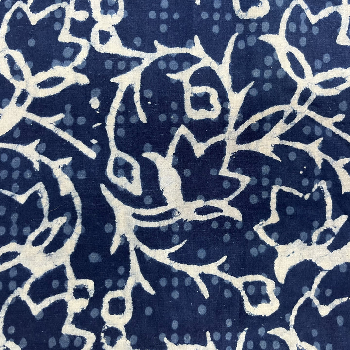 Handblock blue with white floral design on Dabu cotton fabric