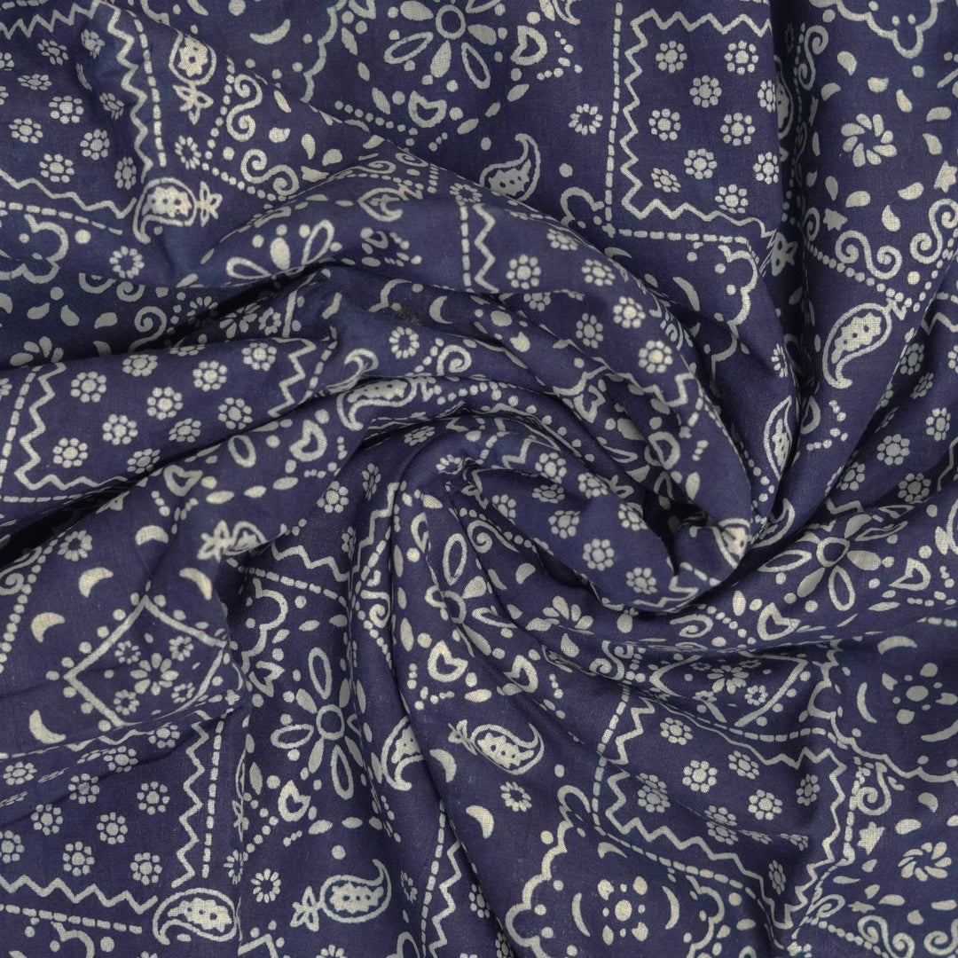  Traditional blue square box pattern on hand block printed Dabu cotton fabric