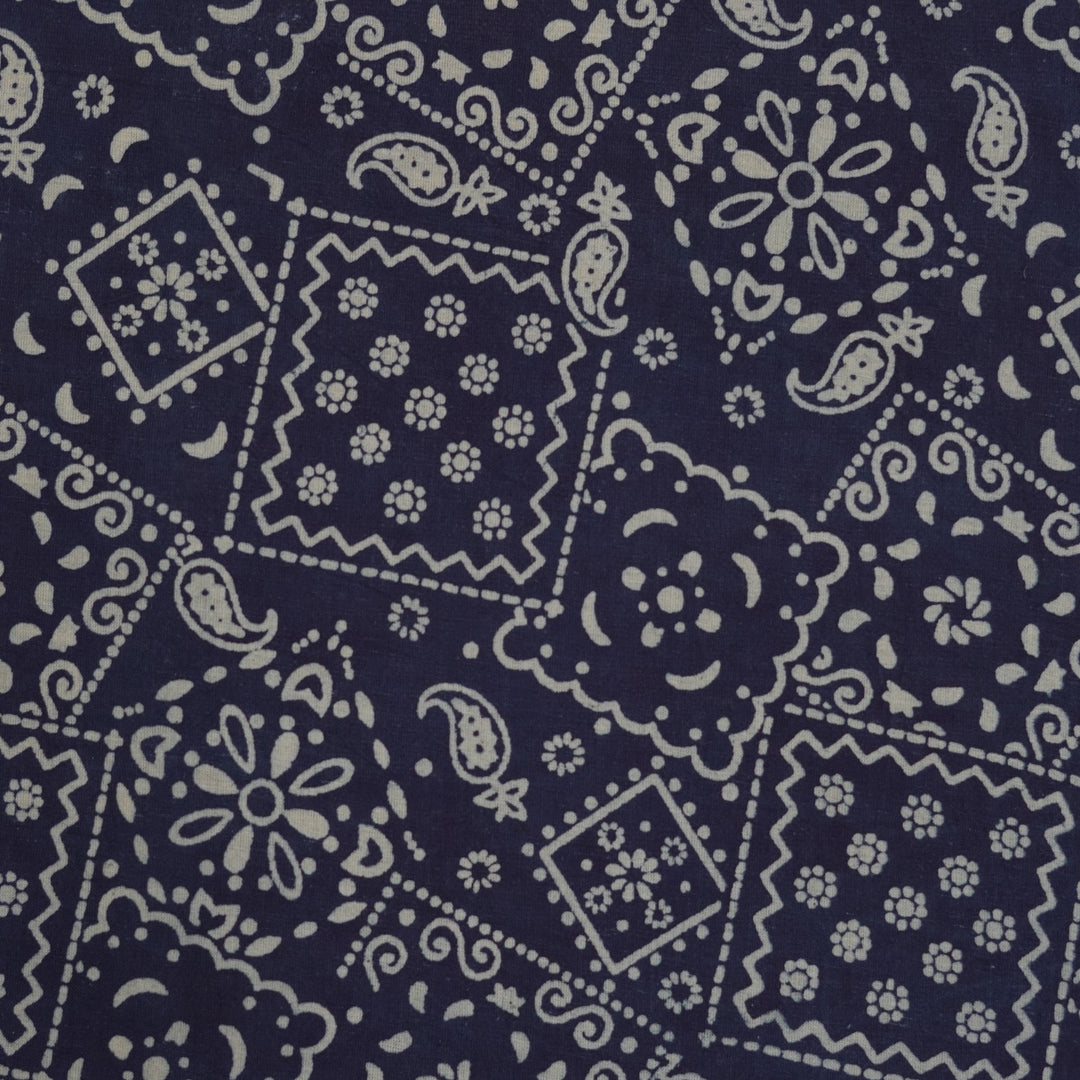  Traditional blue square box pattern on hand block printed Dabu cotton fabric