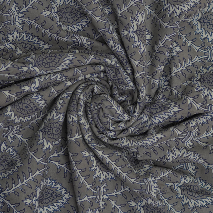 Grey and White Floral Dabu Print on Cotton Fabric