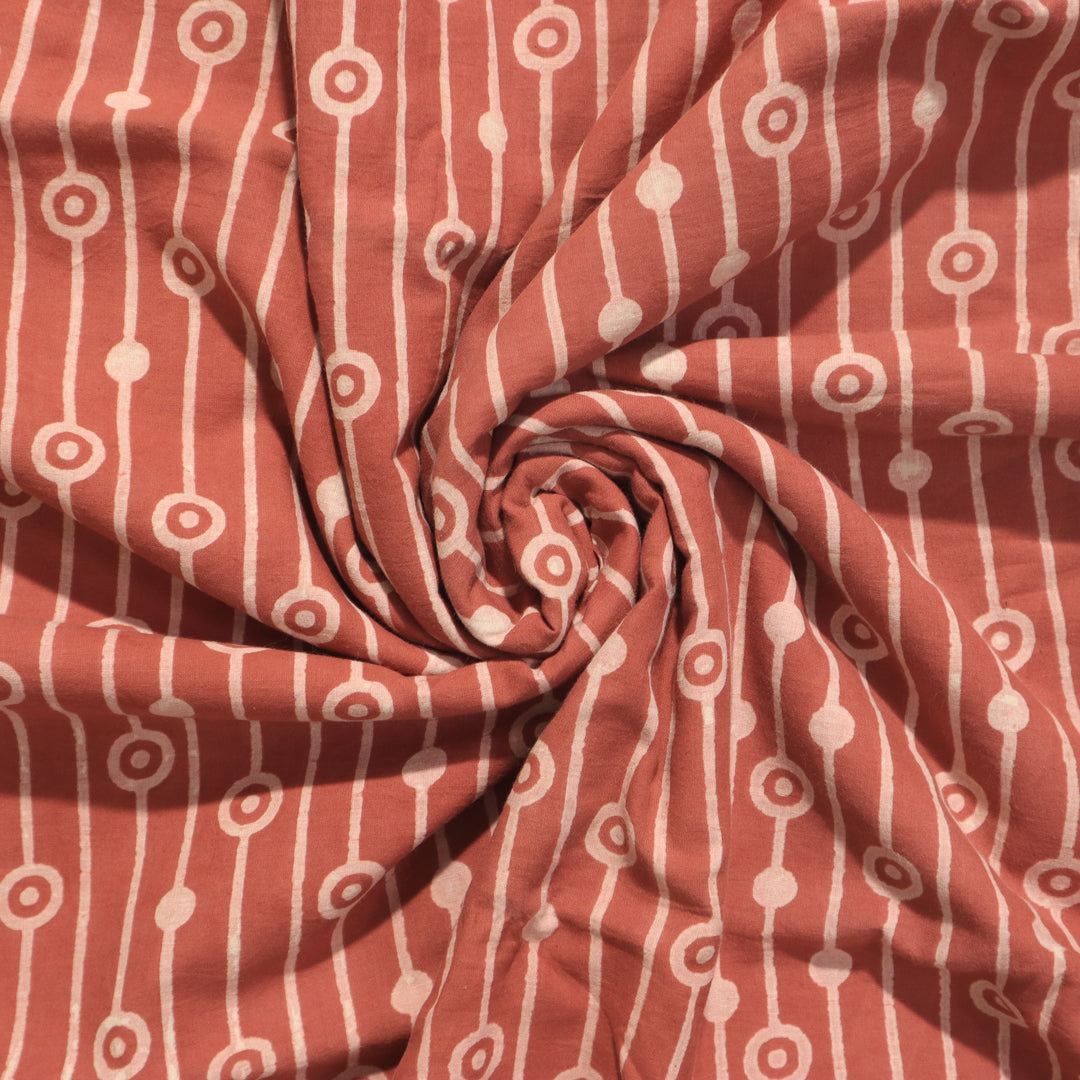 Vintage dark peach Dabu cotton fabric with unique white striped patterns