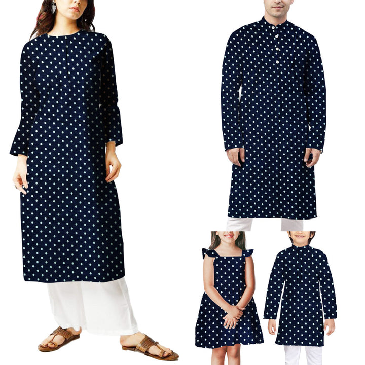 Stylish navy blue georgette fabric with playful white polka dots available at Fabrics @StudioLCX for fashionable attire.