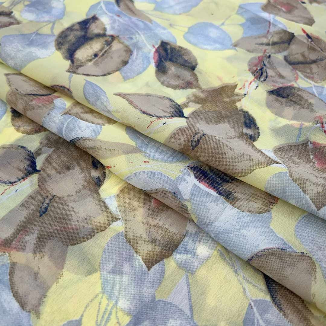 Light Yellow With Brown, Blue Leaf Printed Georgette Fabric