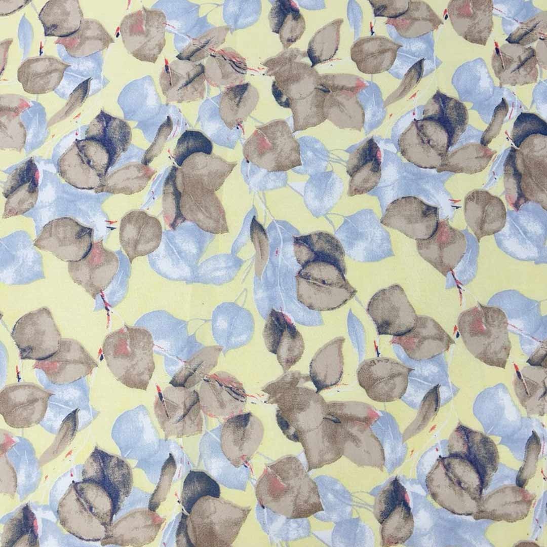 Light Yellow With Brown, Blue Leaf Printed Georgette Fabric