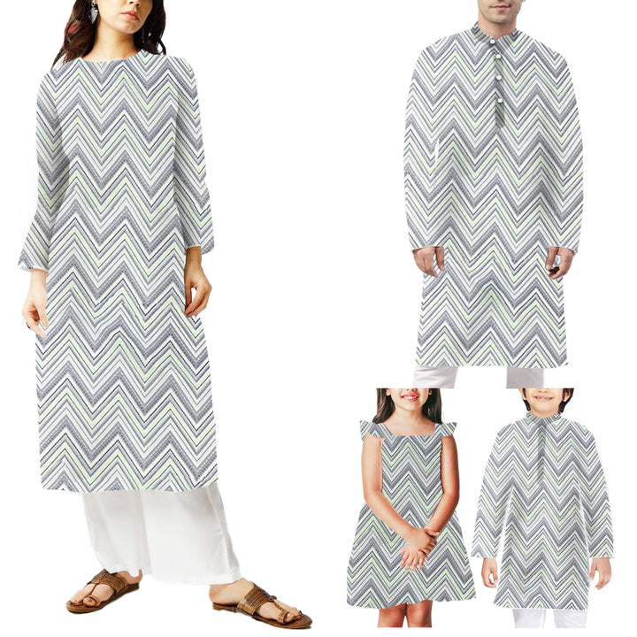 Light Green With Grey, White Chevron Printed Georgette Fabric