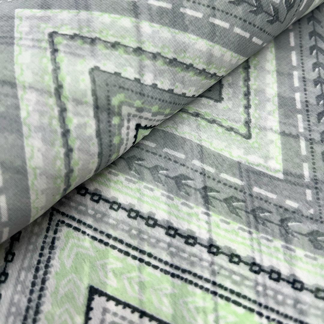 Light Green With Grey, White Chevron Printed Georgette Fabric