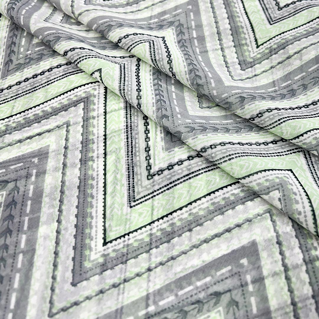 Light Green With Grey, White Chevron Printed Georgette Fabric