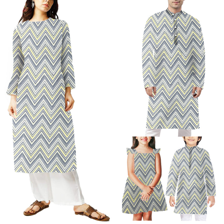 Light Yellow With Grey, White Chevron Printed Georgette Fabric