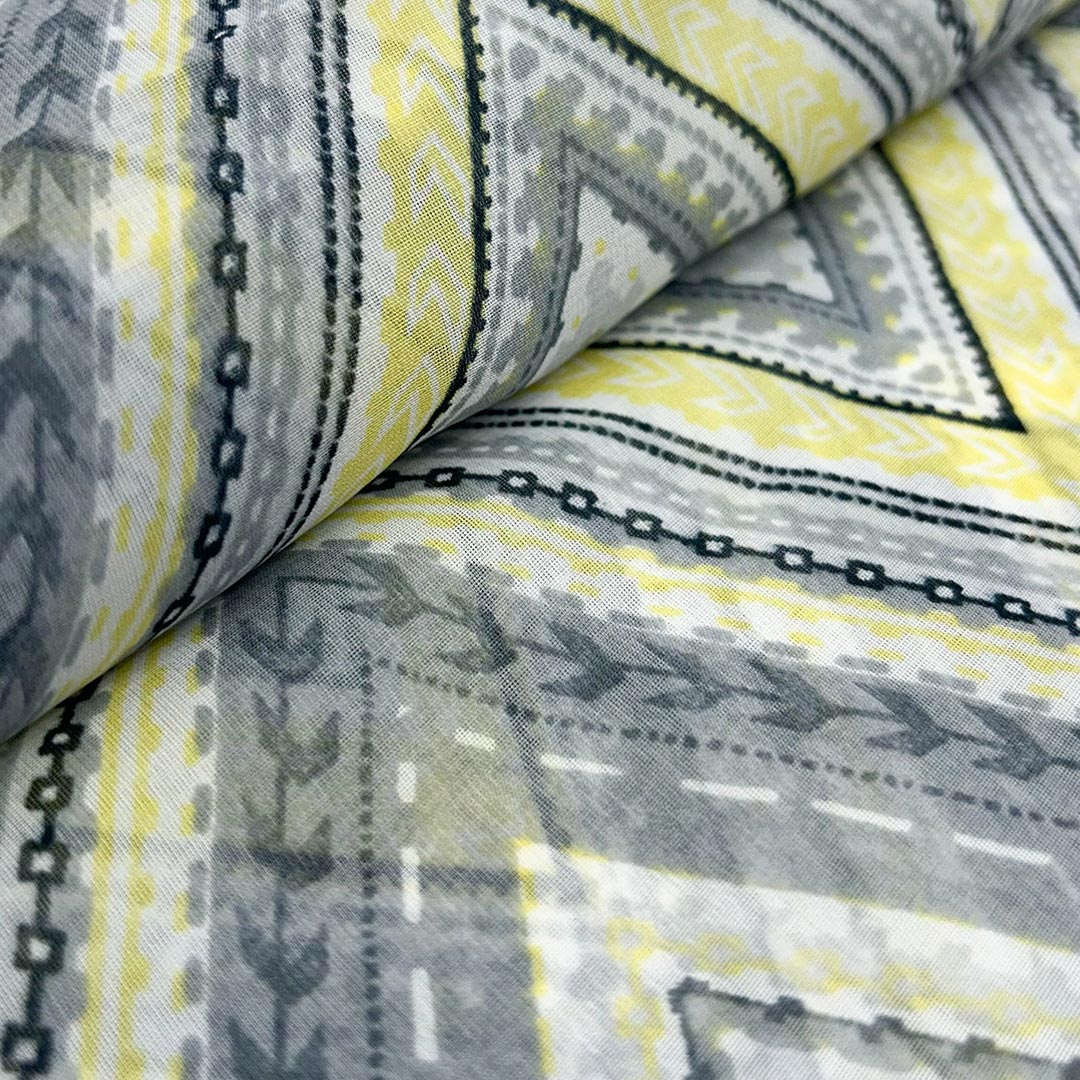 Light Yellow With Grey, White Chevron Printed Georgette Fabric