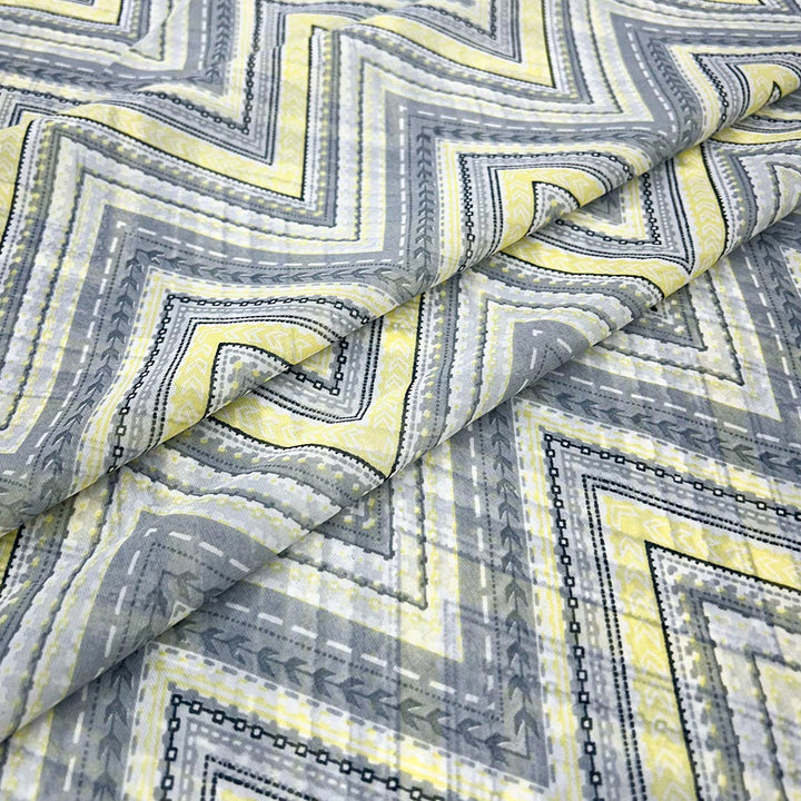 Light Yellow With Grey, White Chevron Printed Georgette Fabric